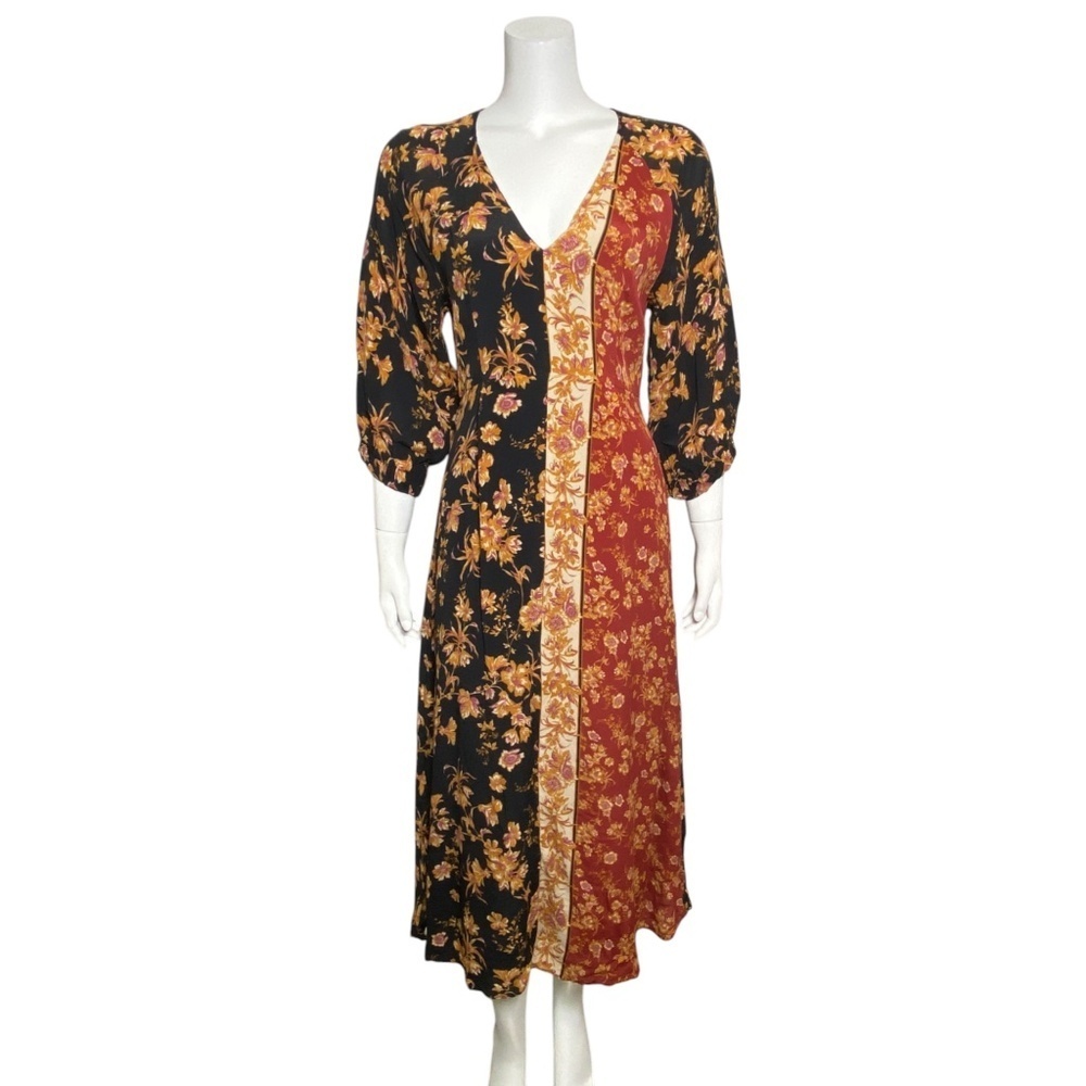 Anthropologie Kachel Hazel Dress Womens Size 4 Silk Blend Midi Floral Boho